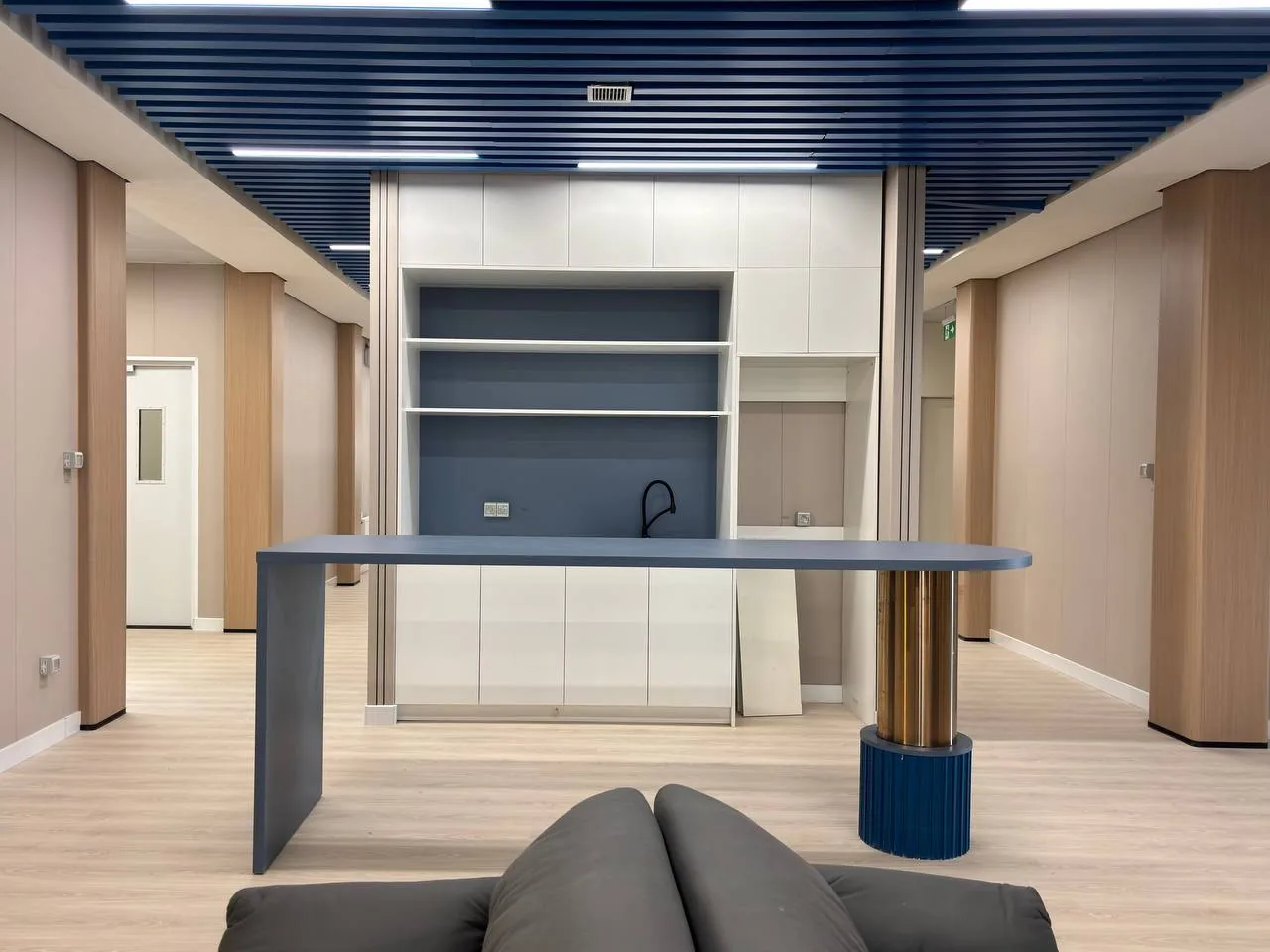 Completed central counter and interior finishes